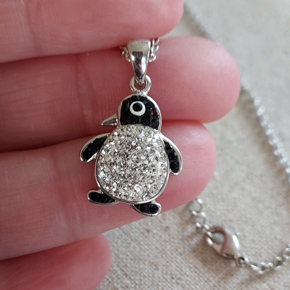 Black and white rhinestone Penguin in SS Necklace - Picture 1 of 4